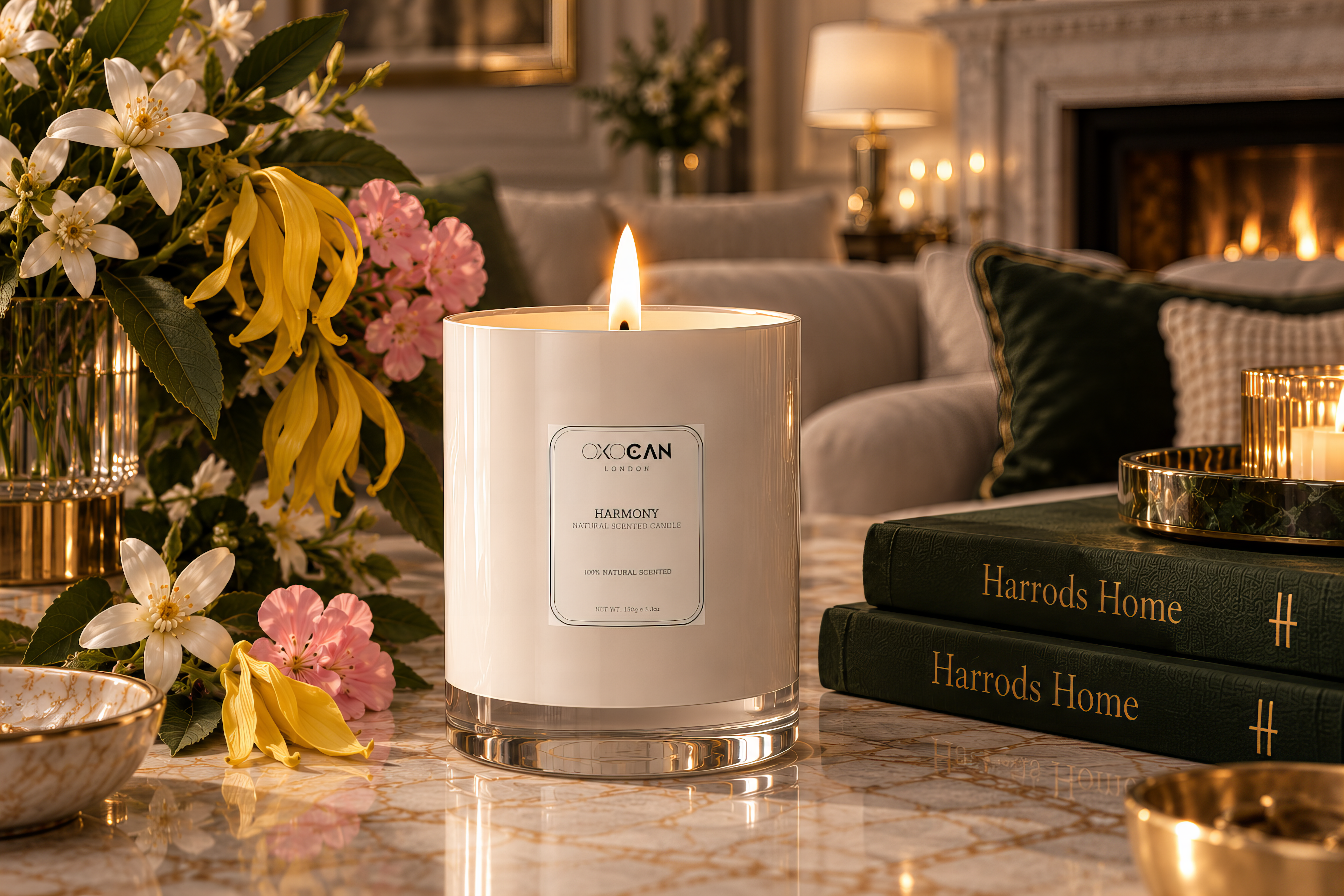Oxocan Harmony natural scented candle with neroli, ylang ylang, geranium and vanilla in an elegant living room