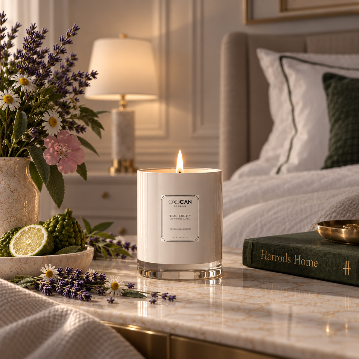 Oxocan Tranquillity CBD-infused candle with lavender, chamomile, clary sage, geranium and bergamot in an elegant bedroom