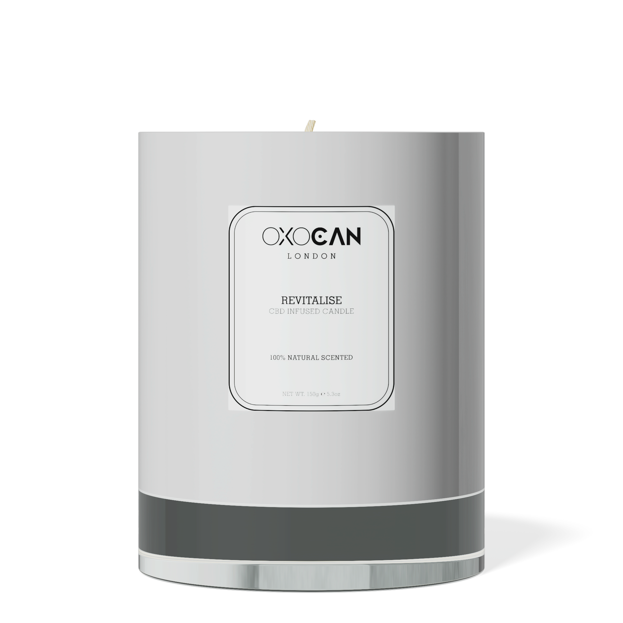 CBD aromatherapy candle with mandarin, bergamot, lavender and chamomile in white glass container